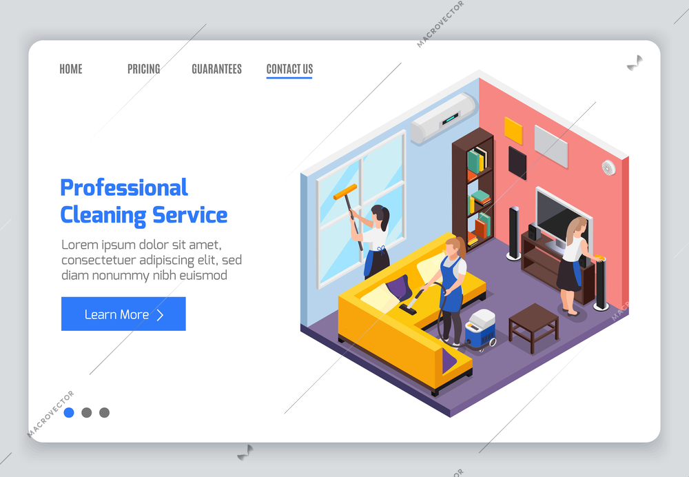 Professional cleaning service isometric web site landing page with indoor composition workers text and clickable links vector illustration