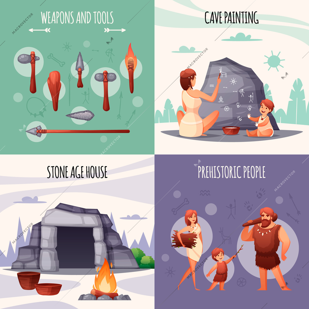 Prehistoric stone age people concept 4 flat compositions with caveman family tools weapons cave painting vector illustration