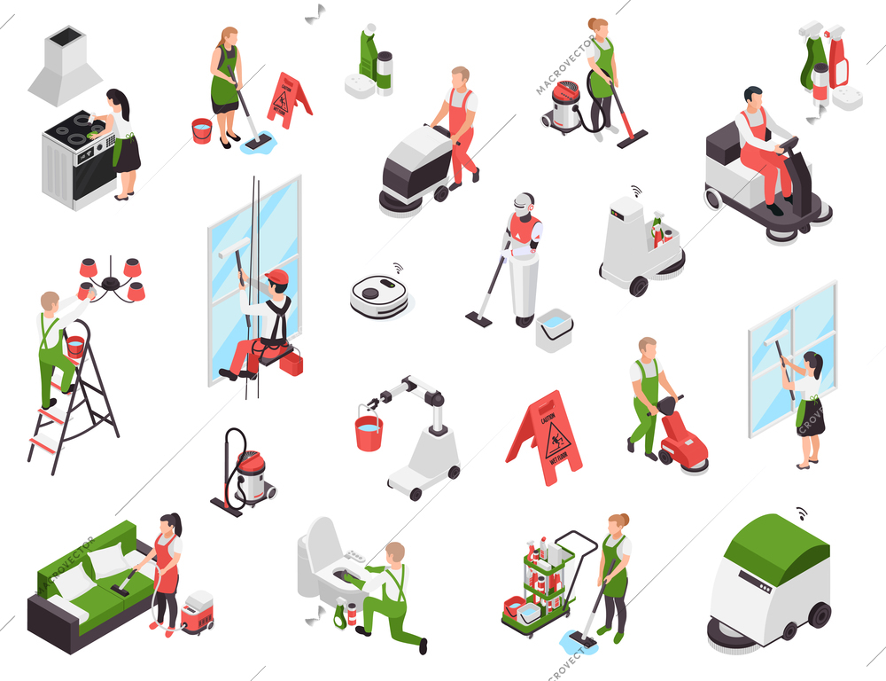 Professional cleaning service isometric set with isolated characters of workers with equipment and janitorial supplies detergents vector illustration