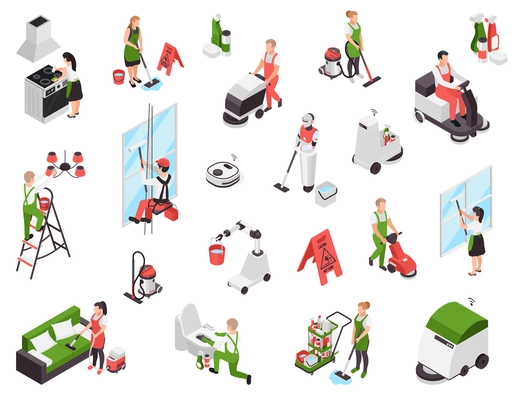 Professional cleaning service isometric set with isolated characters of workers with equipment and janitorial supplies detergents vector illustration