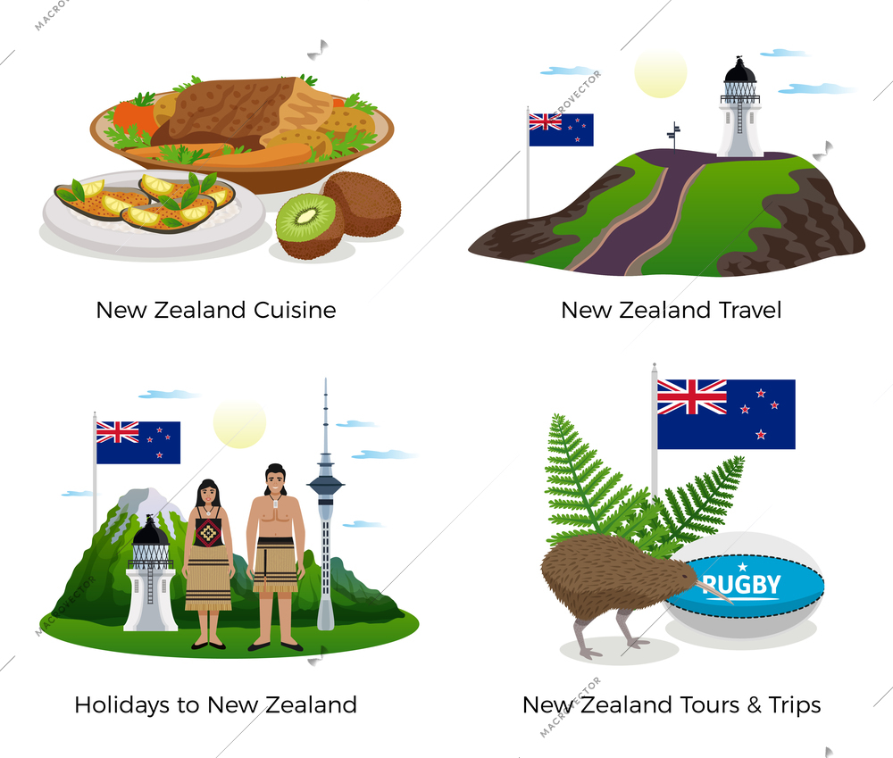 New Zealand tourism concept icons set with cuisine and sports symbols flat isolated vector illustration