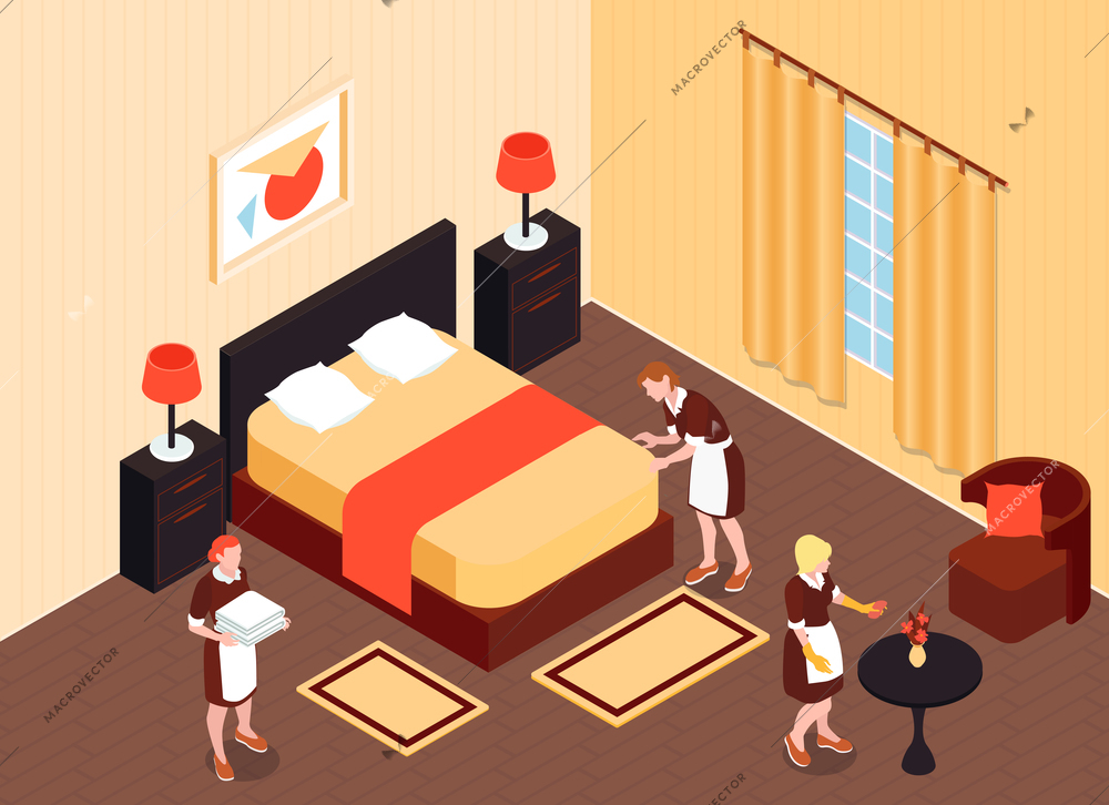 Hotel room isometric background with maids and cleaner preparing hotel apartment for settlement vector illustration