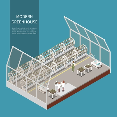 Modern greenhouse  isometric concept with farming equipment symbols vector illustration