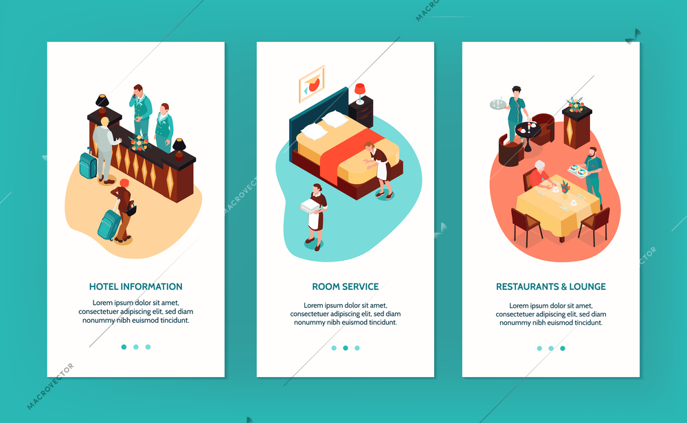 Hotel vertical banners with reception room service restaurant and lounge isometric compositions isolated vector illustration