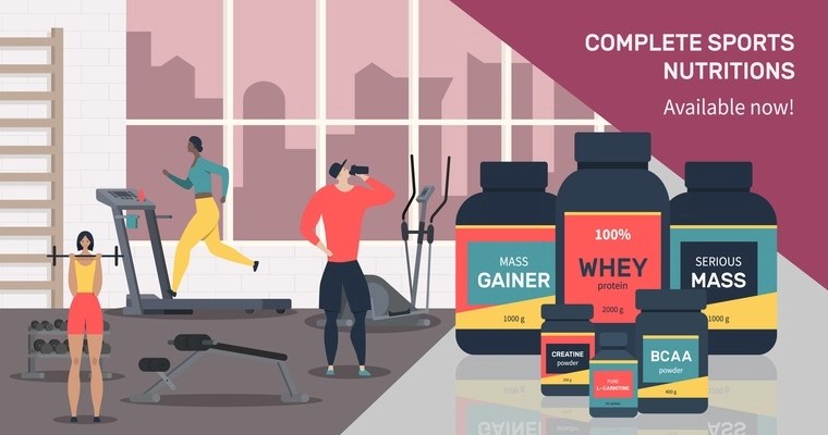 Sport nutrition horizontal background with package design and indoor composition with fitness room cityscape and people vector illustration