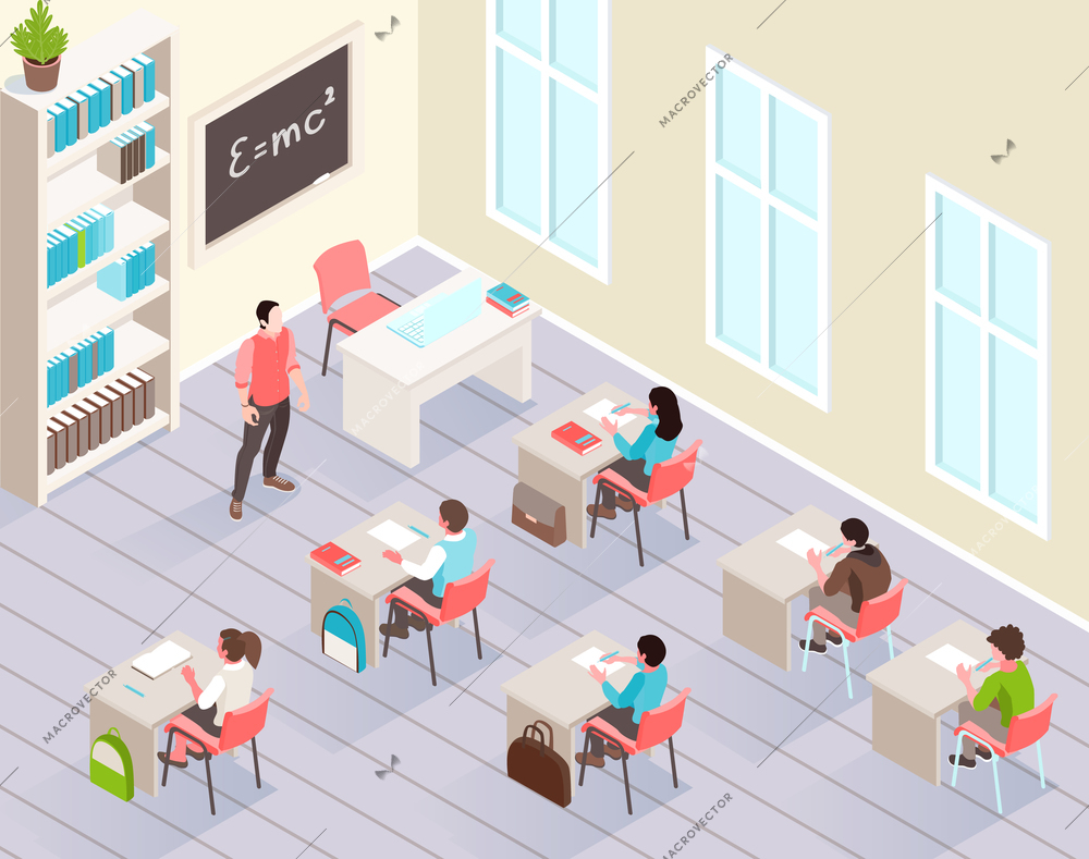 School classroom isometric background with pupils sitting at desks and listen teacher standing near blackboard vector illustration