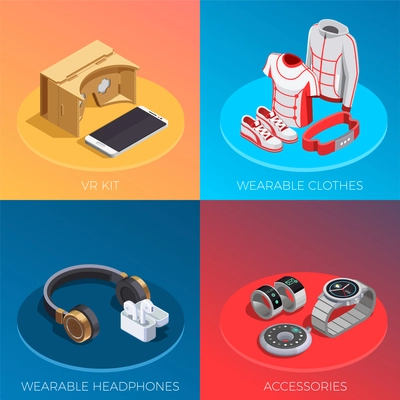 Wearable technology concept 4 isometric compositions with tracking activities smart clothes accessories vr kit isolated vector illustration
