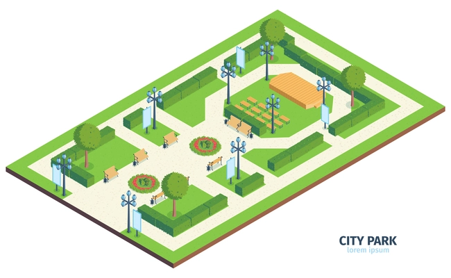 Isometric city park composition with text urban public garden with benches bushes and outdoor performance stage vector illustration