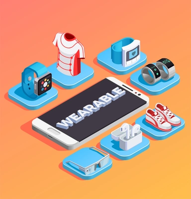 Wearable technology gadgets accessories clothes sneakers isometric composition with smartphone in center orange gradient background vector illustration