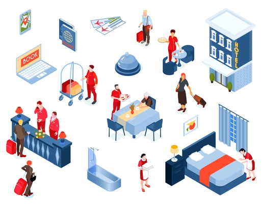 Hotel isometric color set of staff and visitors elements of interior and building from outside  isolated vector illustration