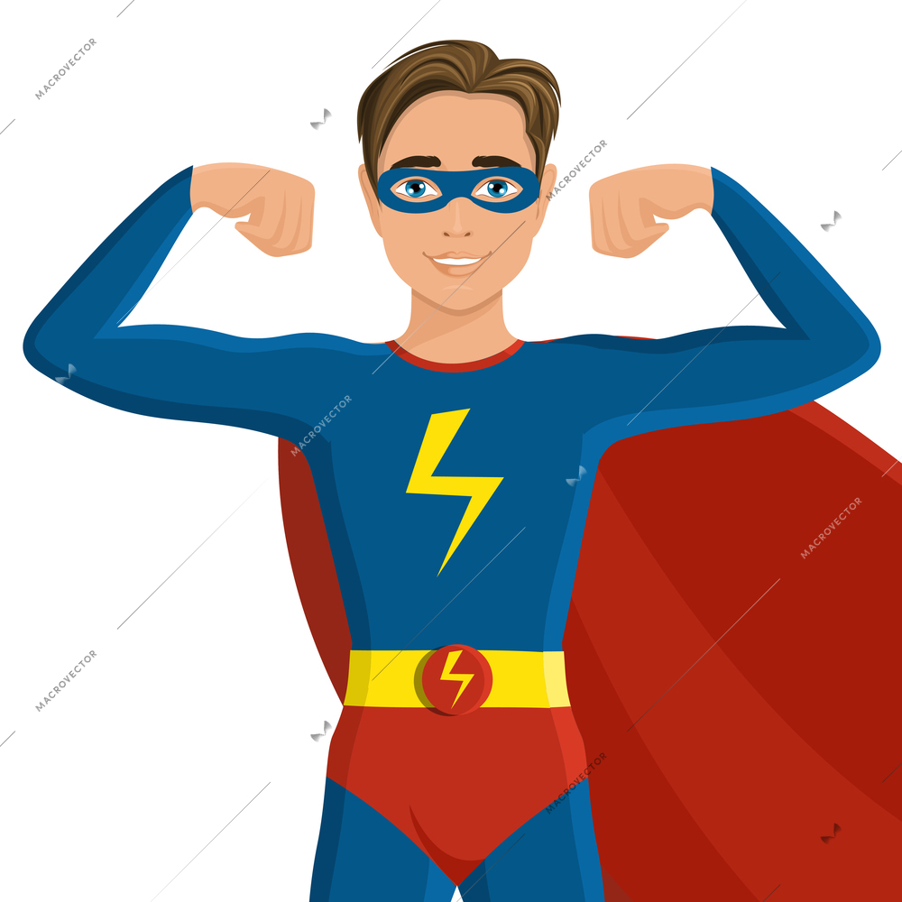 Boy in mask and superhero costume half-length portrait isolated on white background vector illustration