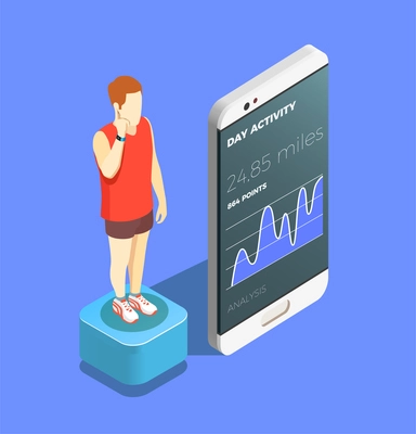 Wearable technology mobile app isometric composition with man checking his day activity on smartphone screen vector illustration