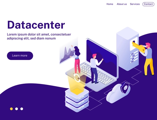 Datacenter isometric landing page with data analysts evaluating diagrams on laptop and symbolic safety key vector illustration