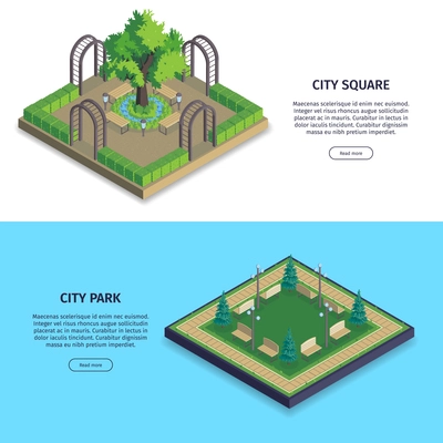 Set of two isometric city park horizontal banners with buttons text and images with public gardens vector illustration