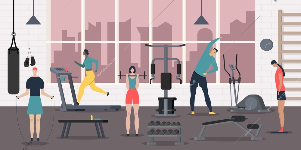 Sport club people composition with view of fitness hall with sports equipment and flat human characters vector illustration