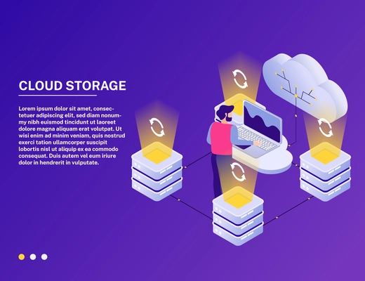 Datacenter online cloud service isometric composition with analytic accessing data storage against vibrant purple background vector illustration