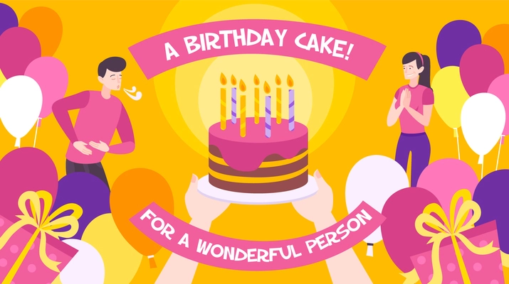 Flat background with big birthday cake two people balloons and gift boxes vector illustration