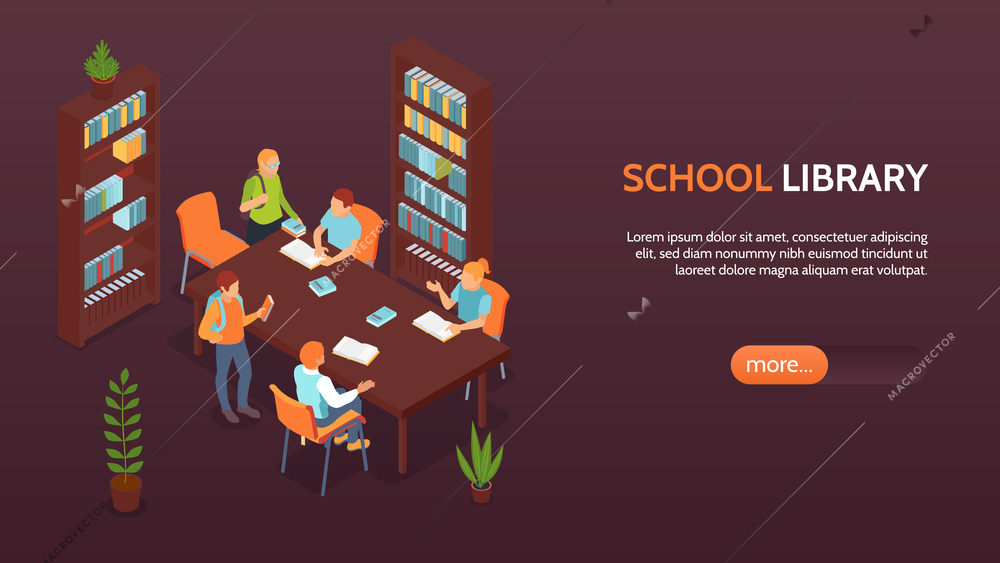 School library with bookshelves horizontal banner with pupils studying and discussing  isometric vector illustration