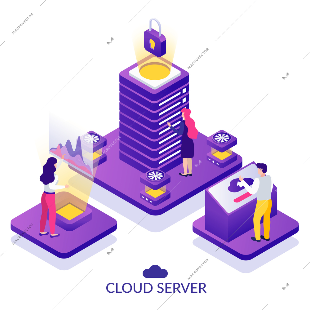 Datacenter secure cloud server service isometric composition with analytics virtually accessing data storage white background vector illustration