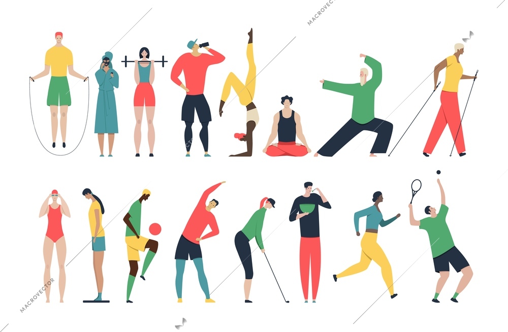 Set of isolated healthy lifestyle flat and faceless human characters with gymnastic equipment on blank background vector illustration