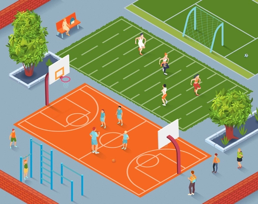 School sports ground isometric background with coach training pupils at basketball ground vector illustration