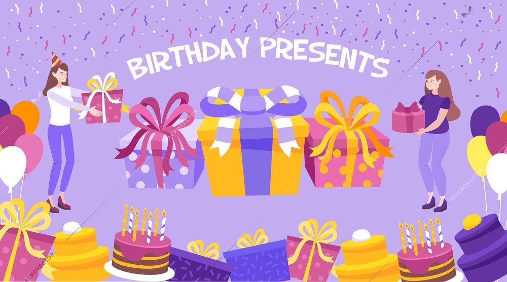 Flat design background with birthday present boxes cakes and two women holding gifts vector illustration