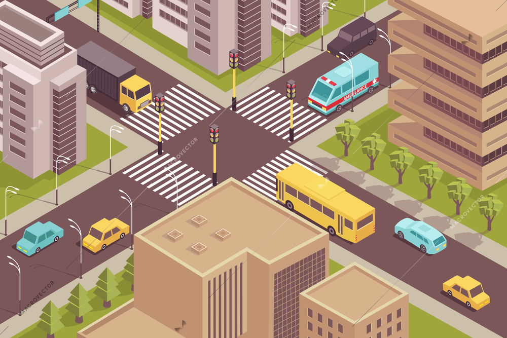 Road city isometric scenery with birds eye view of signalized intersection with cars and modern buildings vector illustration