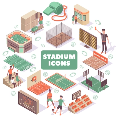 Sport round composition of isolated silhouette pictograms of balls and images of people with stadium icons vector illustration