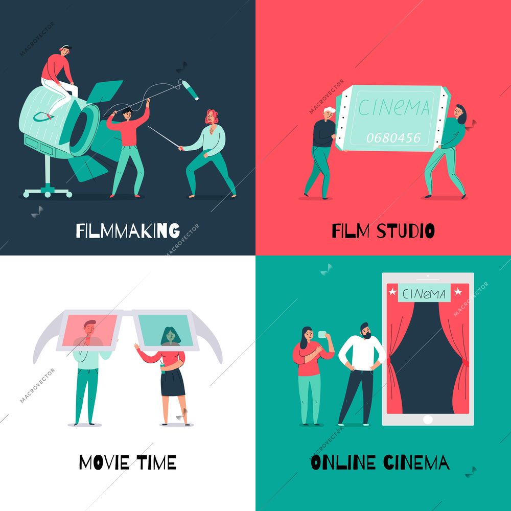 Colorful 2x2 design concept with online cinema and film making team flat isolated vector illustration