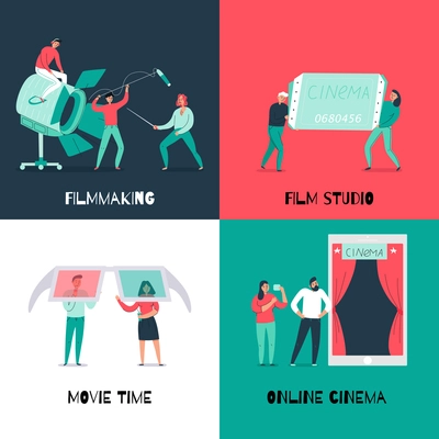 Colorful 2x2 design concept with online cinema and film making team flat isolated vector illustration