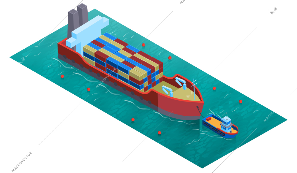 Isometric water transport composition with square platform water surface trawler boat and barge loaded with cargo vector illustration