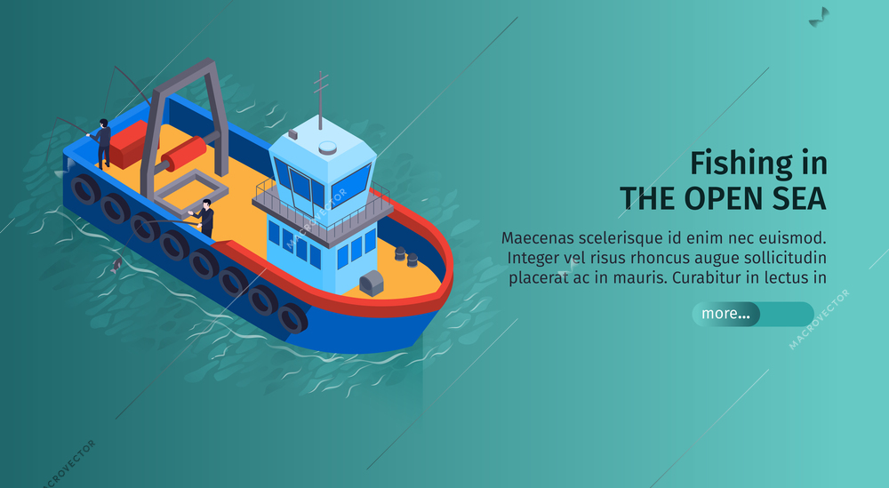 Isometric water transport horizontal banner with editable text and image of fishing boat in open sea vector illustration