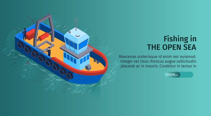 Isometric water transport horizontal banner with editable text and image of fishing boat in open sea vector illustration