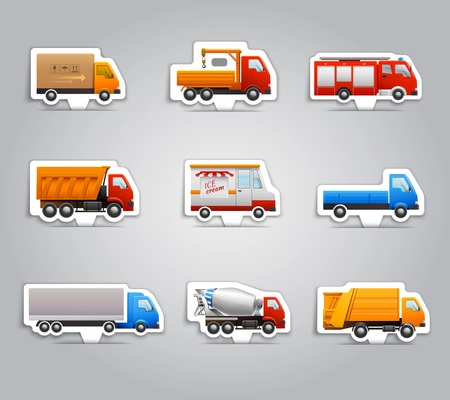 Realistic truck lorry transport van auto paper stickers set isolated vector illustration