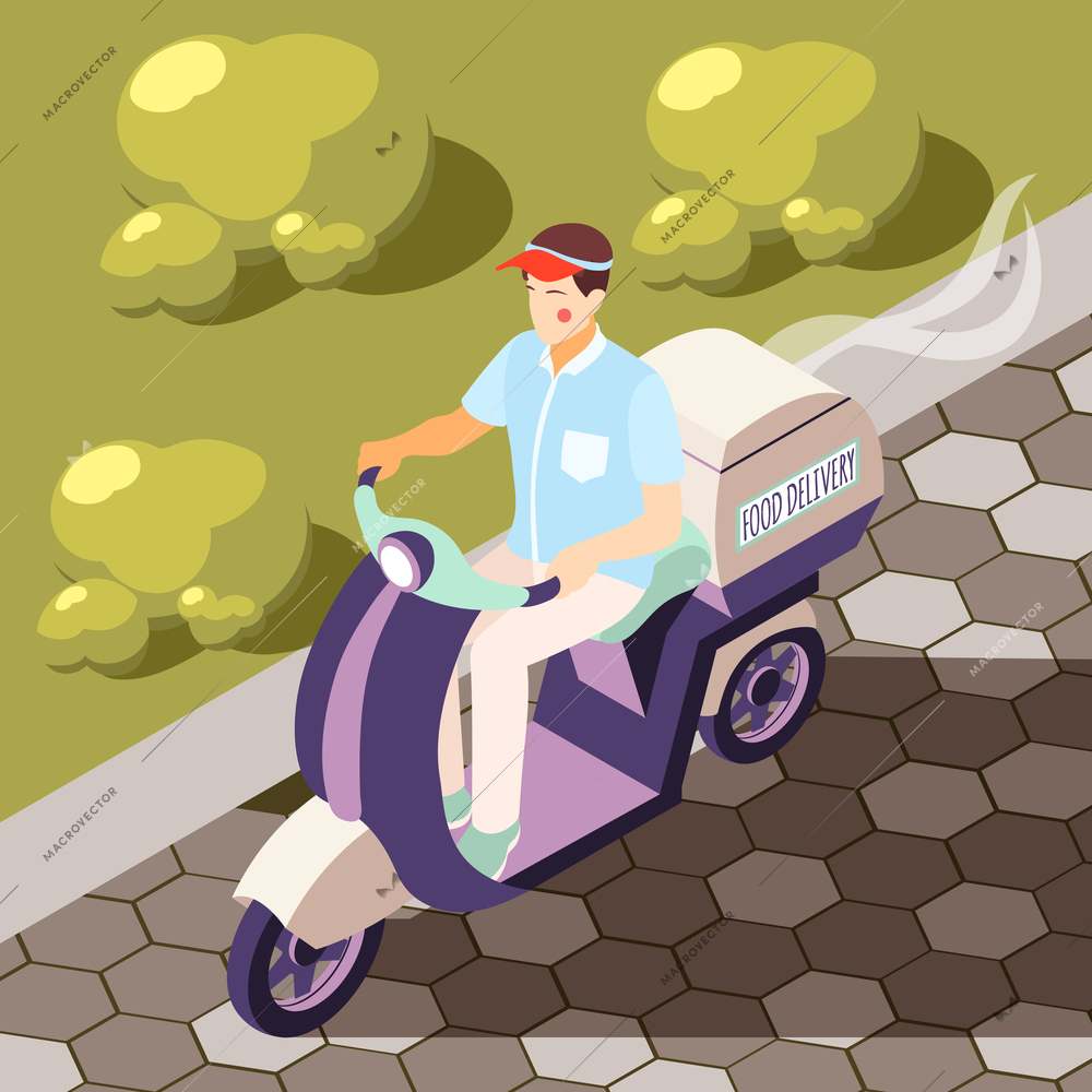 Catering in plane isometric background with motorbike courier vector illustration