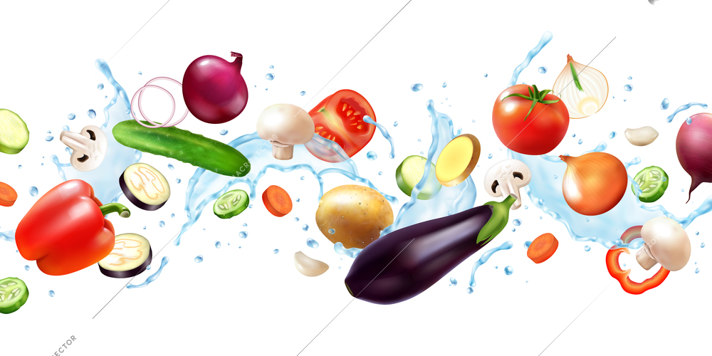 Realistic water splash vegetables horizontal composition with flying images of whole fruits and slices with drops vector illustration