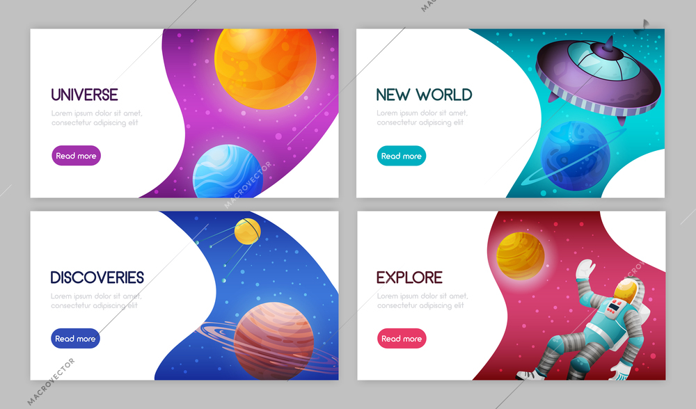 Space science exploration discoveries innovations 4 web horizontal banners design with celestial bodies astronaut spacecraft vector illustration