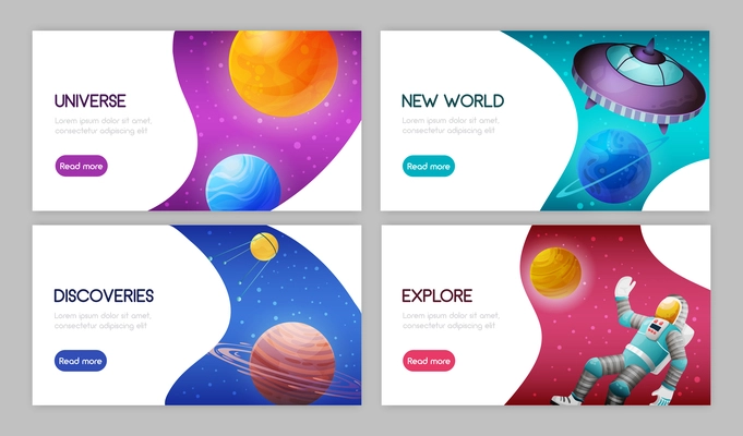 Space science exploration discoveries innovations 4 web horizontal banners design with celestial bodies astronaut spacecraft vector illustration