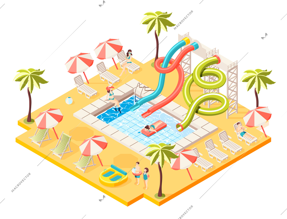 Aquapark isometric concept with entertainment sunbathing and swimming symbols vector illustration