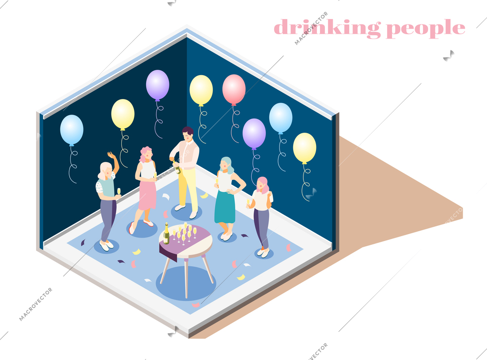 Relaxing and drinking people indoors isometric composition with catering symbols vector illustration