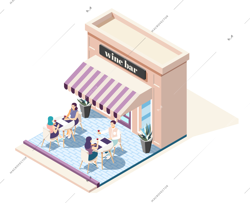 Wine bar isometric composition with relaxing and drinking people vector illustration