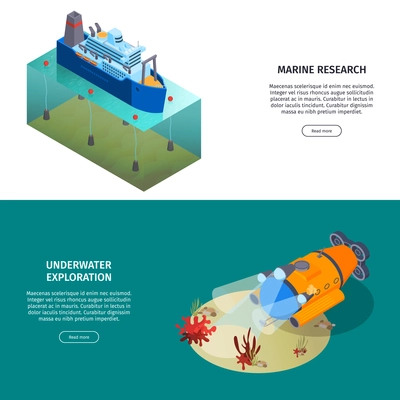 Isometric water transport horizontal banners collection with deep submergence vehicle and research vessel with editable text vector illustration