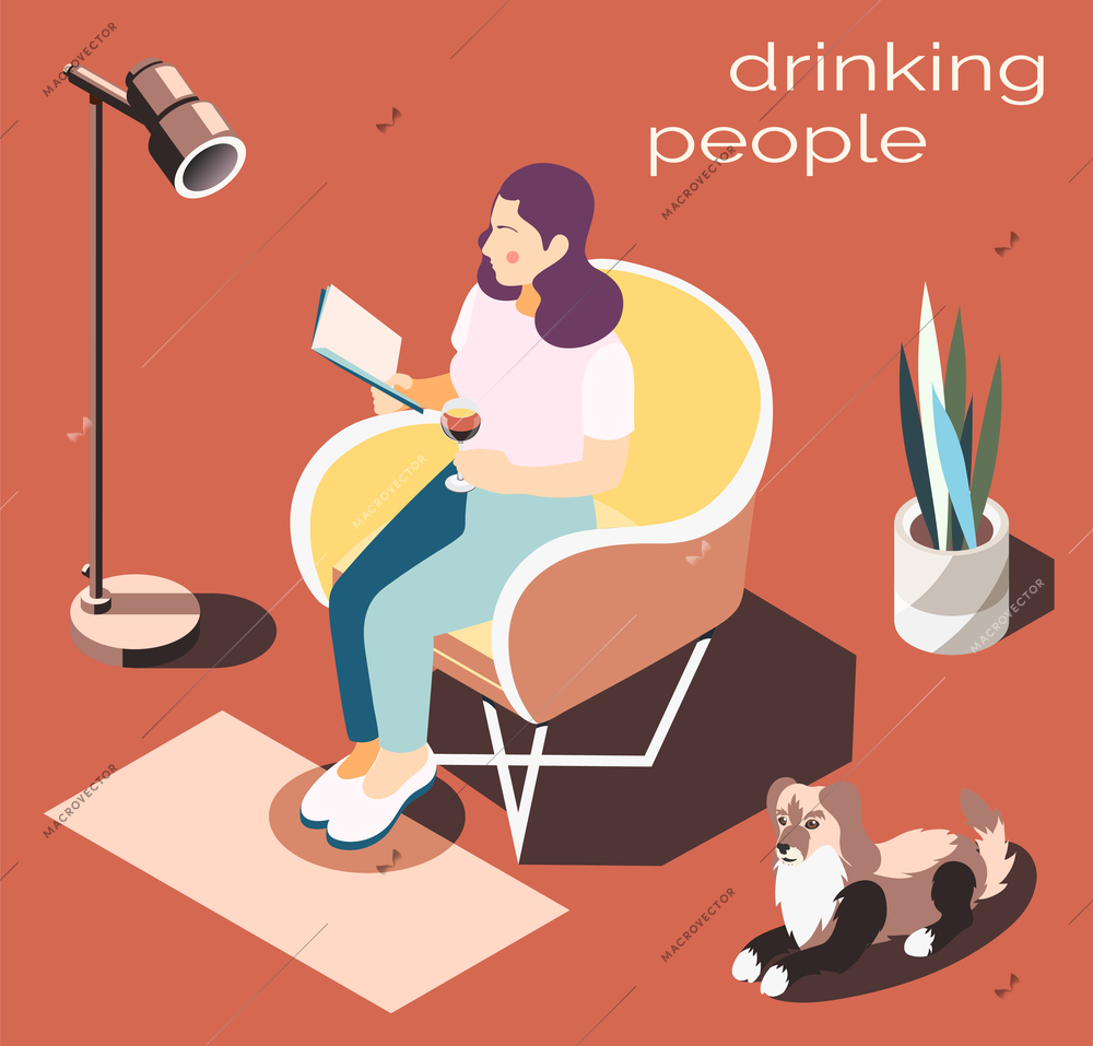 Relaxing and drinking people at home isometric composition with rest symbols vector illustration