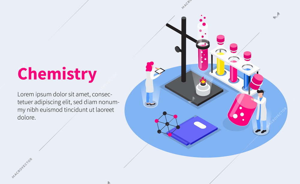 Vaccines development isometric horizontal composition with test tubes human characters and laboratory burner with editable text vector illustration