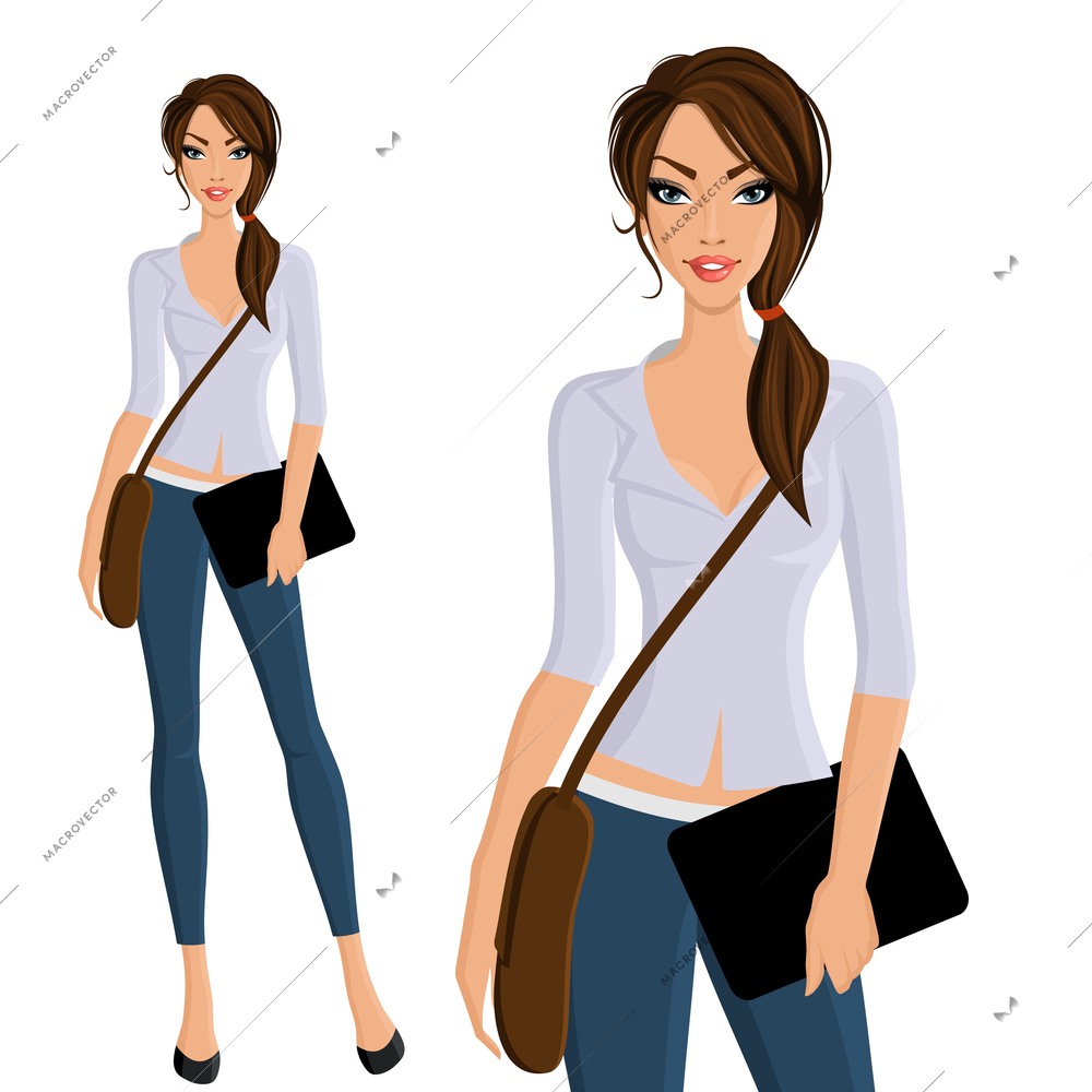 Young beautiful happy girl student with bag and device portrait on outdoor background vector illustration