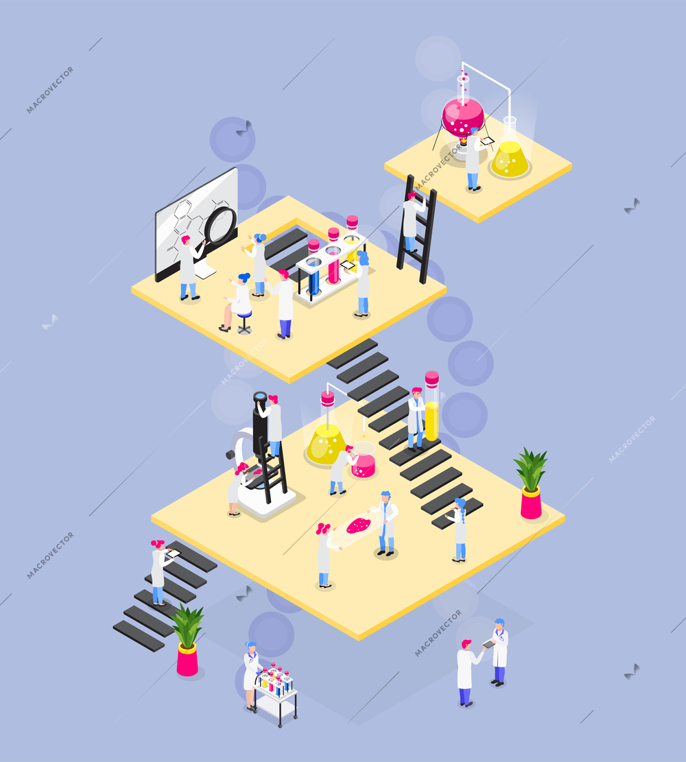 Chemistry isometric composition of square platforms connected with stairs people characters lab equipment and various objects vector illustration