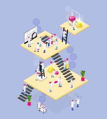 Chemistry isometric composition of square platforms connected with stairs people characters lab equipment and various objects vector illustration