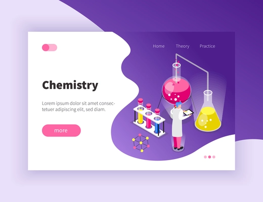 Chemistry isometric composition with clickable button links editable text and images of scientist with test tubes vector illustration