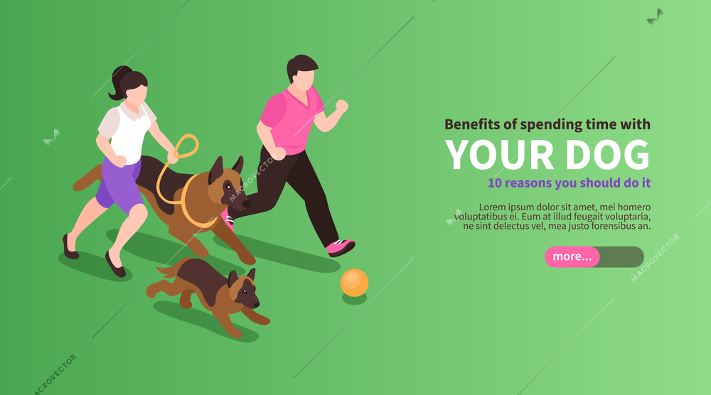 Isometric one day dog horizontal banner with images of running dogs people editable text and button vector illustration