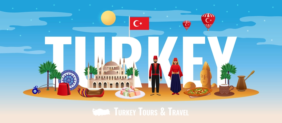 Turkey tourism concept with tours and travel symbols flat vector illustration